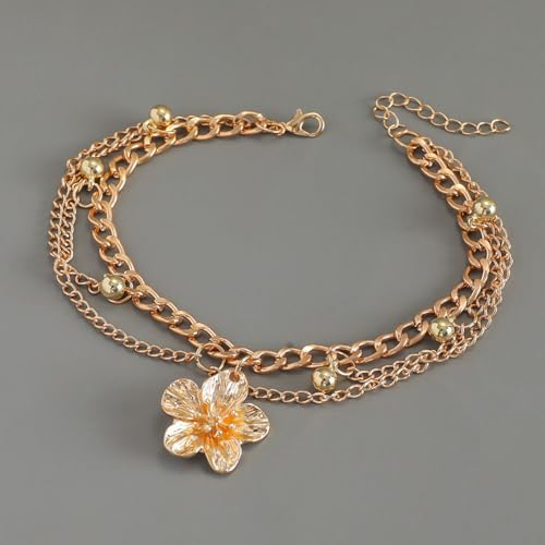 Flower Tassel Charm Anklet for Women Layered Boho Floral Ankle Chain Bracelet Adjustable Summer Beach Jewelry Foot Accessories - color: Gold