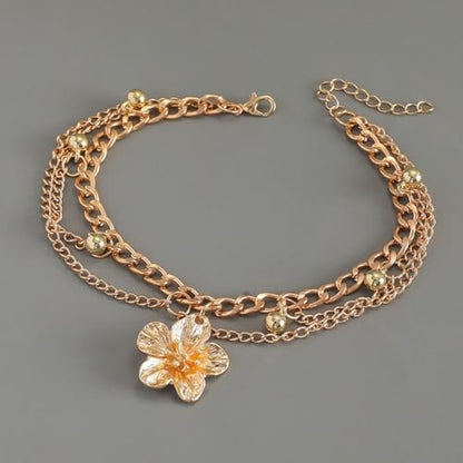 Flower Tassel Charm Anklet for Women Layered Boho Floral Ankle Chain Bracelet Adjustable Summer Beach Jewelry Foot Accessories - color: Gold