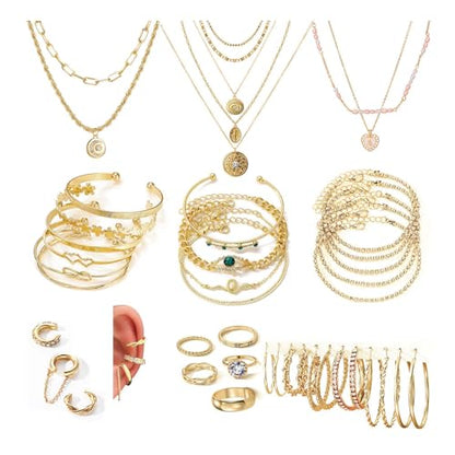 17IF 38-59 Pcs(9-8 Pack) Gold Plated Jewelry Set for Women With 8 Necklace 12 Bracelet 27 Ring 12 Pair Earring Hoop Simple Sparkle for Happy - style: Golden-59Pcs