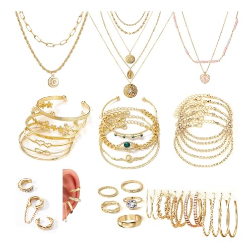 17IF 38-59 Pcs(9-8 Pack) Gold Plated Jewelry Set for Women With 8 Necklace 12 Bracelet 27 Ring 12 Pair Earring Hoop Simple Sparkle for Happy - style: Golden-59Pcs