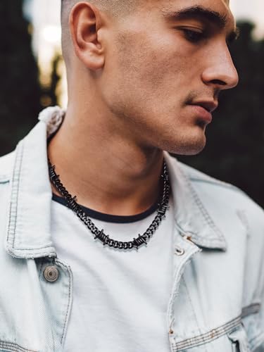 Bandmax Stainless Steel Barbed Wire Cuban Chain Necklace for Men & Women | Edgy Fierce Design, Waterproof & Tarnish Resistant, Silver/Black Tone, 5/7/9/12MM, 16-22 Inches, Street Punk Style Jewelry - color: A2 9MM-Black, size: 16 Inch (40cm, Hottest Choke