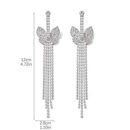 Rhinestone Earrings Dangling for Women Sparkly Silver Dangle Earrings Girls Long Chandelier Earrings Tassel Lightweight Ear Studs Cubic Zirconia (KE001S-W) - color: Bow Butterfly 816263S