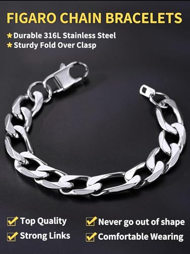 ChainsHouse Figaro Link Chain Bracelet for Men Stainless Steel Jewelry | Black/ Gold Bracelets Men, 6/9/13mm Figaro Cuabn Bracelets 7.5"/8.3", Chunky Hip Hop Wrist Hand Chain Bracelet for Gift - color: f: 13mm-stainless
