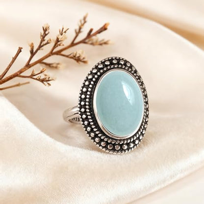 Retro Sterling Silver Stone Ring,Antique Natural Real Oval Crystal Quartz Gemstone Boho Bohemian Ring Jewelry for Women - color: A16_Aquamarine