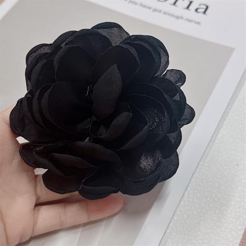 9cm Wedding Fabric Flower Brooch Pin Hair Clip for Women Men Elegant Big Camellia Rose Floral Brooches Lapel Pins Dainty Holiday Party Costume Dress Accessories Jewelry - color: Black