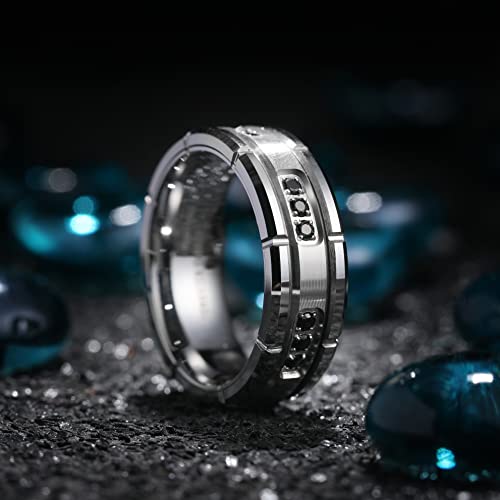 King Will Mens Tungsten Wedding Band with Cubic Zircon Inlay 7mm/8mm Flat Cut Comfort Fit Engagement Rings - color: Silver&Black-8mm