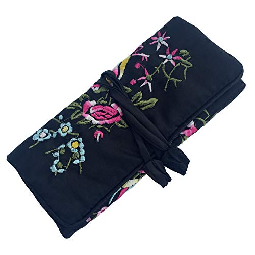 Travel Jewelry Roll Bag - Silk Embroidered Brocade Pouch for Rings, Necklaces, Earrings, Bracelets | Lightweight & Tie Closure (Black) - color: Black