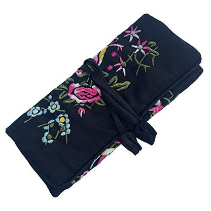 Travel Jewelry Roll Bag - Silk Embroidered Brocade Pouch for Rings, Necklaces, Earrings, Bracelets | Lightweight & Tie Closure (Black) - color: Black