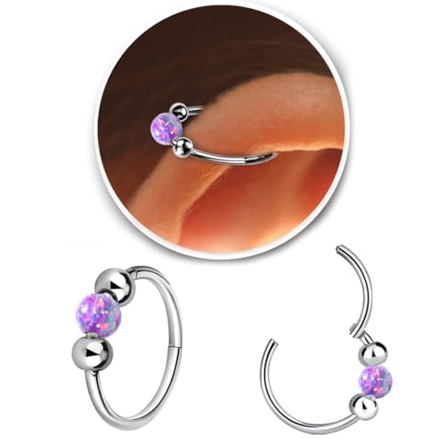 2 Pcs Small Cartilage Hoop Earrings for Women Men, 18G Opal Silver Earrings Hypoallergenic 316L Surgical Steel Hinge Huggie Hoop Earrings for Helix,Tragus,Conch,Rook,Earlobe Piercing Jewelry Nose Ring - style: 2Pcs 8mm Purple Opal/Silver