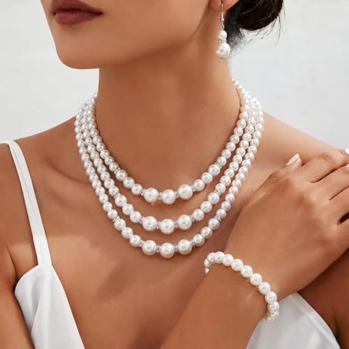 Glenmal Pearl Rhinestone Jewelry Set for Women Pearl Necklace Bracelet Earrings for Wedding Halloween Bridal Shower Tea Party - style: Classy Style