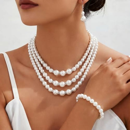 Glenmal Pearl Rhinestone Jewelry Set for Women Pearl Necklace Bracelet Earrings for Wedding Halloween Bridal Shower Tea Party - style: Classy Style