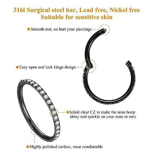 MissNity 20G, 18G, 16G, 14G Hinged Nose Rings Hoop with Gem in 316L Surgical Steel, Septum Clicker Cartilage Earrings Conch Daith Helix Rook Ear Lobe Piercing Jewelry, Diameter 6mm to 12mm - color: 04: Black - Clear CZ