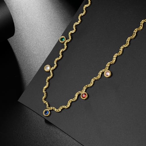 Hipunk Women Gold Plated Stainless Steel Wave Rope Chain Collar Necklace with Colorful Zirconia Flower Heart Charms Choker, Adjustable 16+2 Inch - color: round