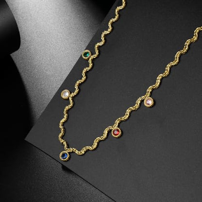 Hipunk Women Gold Plated Stainless Steel Wave Rope Chain Collar Necklace with Colorful Zirconia Flower Heart Charms Choker, Adjustable 16+2 Inch - color: round