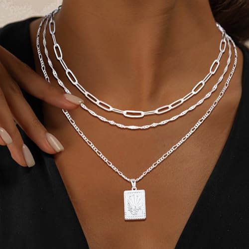 MFRYK Gold/Silver Necklaces Stack For Women,14K Gold/Sterling Silver Plated Simple Layered Choker Necklaces For Women,Stackable Multilayer Pearl Cross Disc Circle Pendant Cuban Herringbone Snake Paperclip Chain Necklaces Set Jewelry Gift for Women - style