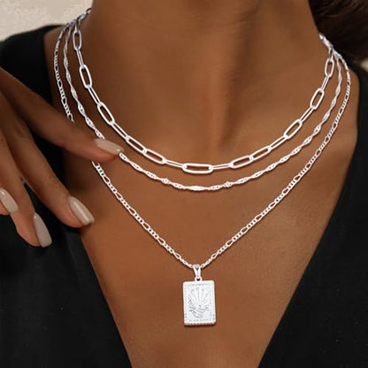 MFRYK Gold/Silver Necklaces Stack For Women,14K Gold/Sterling Silver Plated Simple Layered Choker Necklaces For Women,Stackable Multilayer Pearl Cross Disc Circle Pendant Cuban Herringbone Snake Paperclip Chain Necklaces Set Jewelry Gift for Women - style