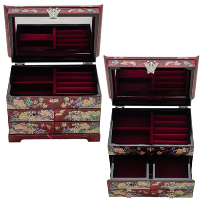 February Mountain Mother of Pearl Wooden Jewelry Organizer Box – Jewelry Storage Box for Women, Features Spacious Drawers, Ideal for Rings, Bracelets, Watches, Chains, Accessories - style: Peony_Red