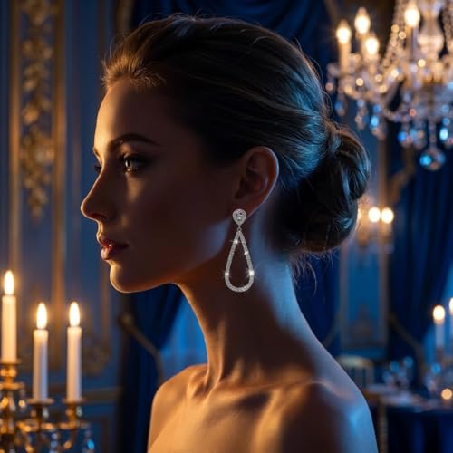 Silver Rhinestone Dangle Earrings for Women, Oversized Teardrop Drop Earrings, Sparkling Crystal Chandelier Jewelry for Wedding, Prom Earring Fashion Jewelry