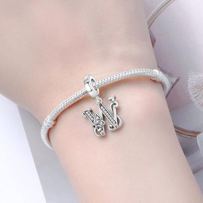 2 Pack 925 Sterling Silver Butterfly Letter Charms for Bracelets and Necklace Alphabet Initial Dangle Pendants Round Spacer Beads Pave Cubic Zirconia Jewelry Gift for Women - color: W Set