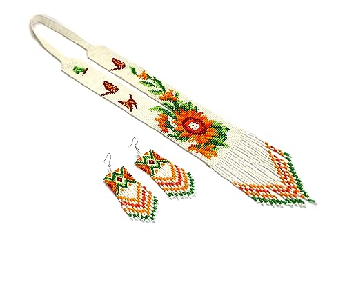 Long Beaded Necklace – Boho Native Handmade Seed Bead Tassel Necklace, Bohemian Large Statement Beaded Necklace for Women - color: White/