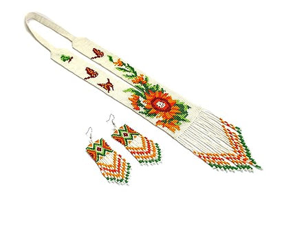 Long Beaded Necklace – Boho Native Handmade Seed Bead Tassel Necklace, Bohemian Large Statement Beaded Necklace for Women - color: White/