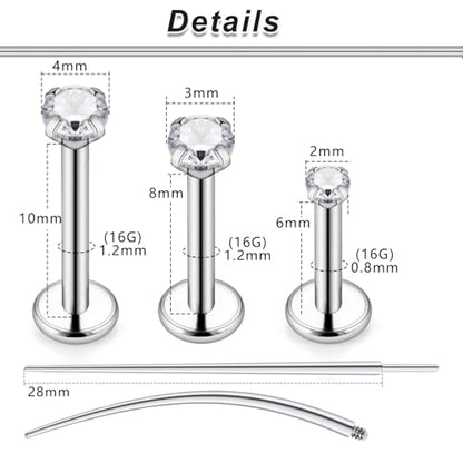 20G 18G 16G Titanium Flat Back Nose Rings Studs Hypoallergenic Lip Labret Monroe Medusa Internally threaded Tragus Cartilage Helix Earrings Studs Piercing Jewelry for Women Men 6mm 8mm 10mm - color: 16G -Flat Back With Screw on Tops-Clear CZ