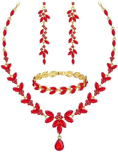 Paxuan Wedding Jewelry Sets for Bride Bridesmaid Bridal Jewelry Set for Women Wedding Crystal Necklace Earrings Bracelet Set for Party Prom Jewelry - color: Red - 14K Gold