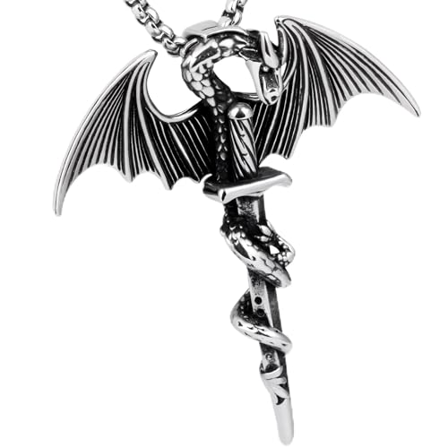 Stainless Steel Gothic Y2K Punk Rock Emo Biker Pendant Necklace | Cosplay Vintage Viking Alt Edgy Fashion Charm Necklace Jewelry for Men Women Active Daily Wear - style: Winged Dragon Sword