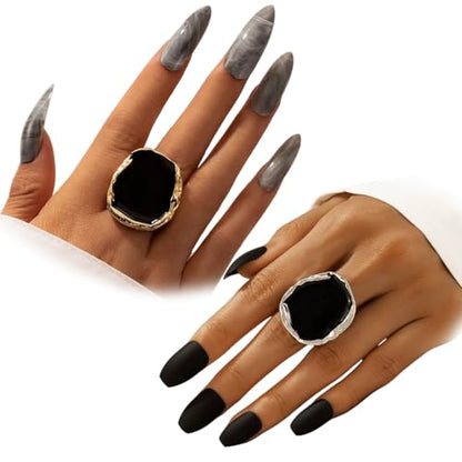 Statement Big Chunky Gold Black Two-tone Enamel Drip Ring Earrings Set for Women, Retro Large CZ Crystal Cocktail Rings Earring Geometric Jewelry Gift - color: Gold Silver-2Pcs