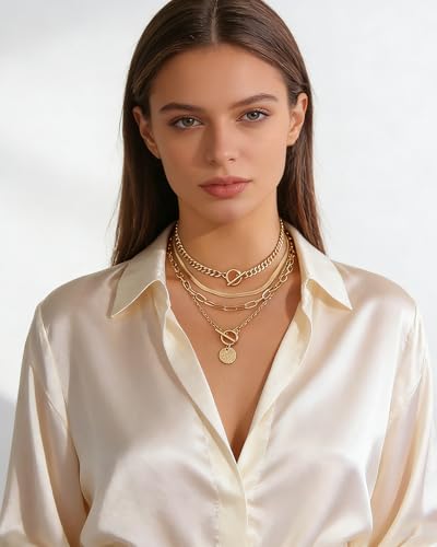 Gold Layered Necklaces for Women Chunky Layered Gold Link Chain Necklaces Trendy Paperclip Herringbone Toggle Clasp Necklace Statement Jewelry Accessories for Her - color: A4:layered western necklaces