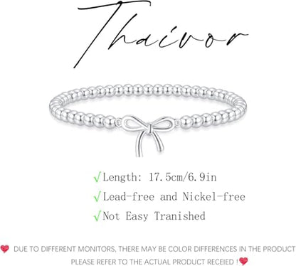 Beaded Bracelets for Women 14K Silver Gold Plated Stretch Handmade Ball Bracelets Cute Charm Bracelet Dainty Stackable Cross Heart Bow Wave CZ Circle Trendy Jewelry Easter Gifts - color: bow