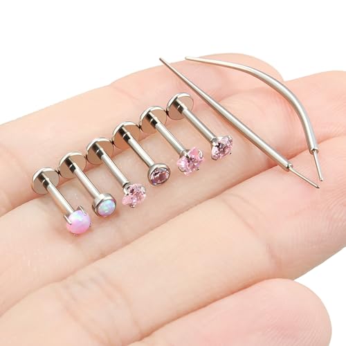 F136 Titanium 20/18/16g Internally Threaded Medusa Monroe Lip Ashley Labret Nose Rings Flat Back Tragus Helix Cartilage Conch Screw Stud Earrings Surgical Steel Piercing Jewelry for Women - color: Pink CZ, size: 16g*5/16in