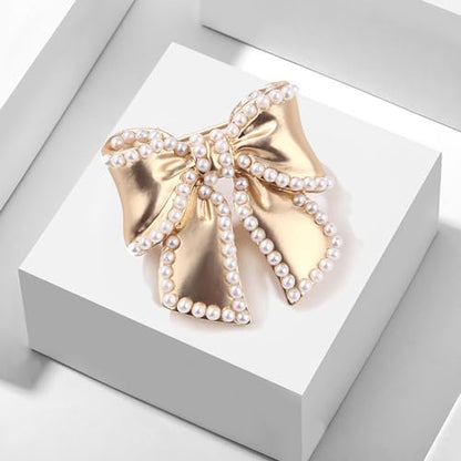 14k Golden Plated Bow Knot Lapel Brooch Pin Cultured Pearl Ribbon Bow Pins Clip Sweater Dress Suit Clothes Accessories Brooches Pins Fashion Christmas Birthday Jewelry Gifts for Women Girls Decor