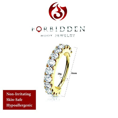 Forbidden Body Jewelry 16-20g 8mm CZ Lined Plated Brass Bendable Nose Ring and Cartilage Hoop (Choose Gauge/Plating/Color) - style: 20g - 14k Plated