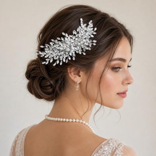 Rhinestone Leaf Wedding Hair Comb, Sparkly Bridal Hair Piece Accessories for Bride Bridesmaid Party Prom (Silver) - color: Silver