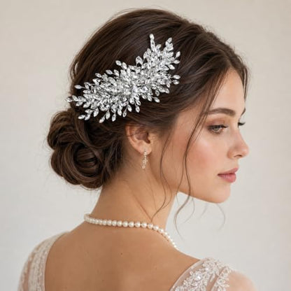 Rhinestone Leaf Wedding Hair Comb, Sparkly Bridal Hair Piece Accessories for Bride Bridesmaid Party Prom (Silver) - color: Silver