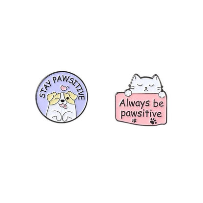 2pc Stay Pawsitive Always Be Pawsitive Enamel Lapel Pin Set Cute Cat Dog brooch metal badge Cartoon Animal Jewelry Accessory