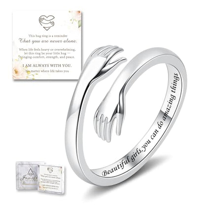 Sterling Silver Hug Ring for Women Teen Girls Adjustable Love Promise Ring Inspirational Open Rings Mothers Day Birthday Gift for Daughter Granddaughter Mom Wife Best Friend - color: Silver / Gift Box (Beautiful g***s,you can do amazing things)