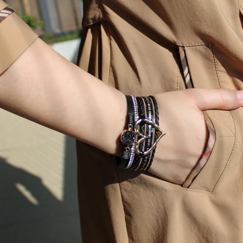 Womens Love Heart Leather Wrap Bracelet Multi-layer Stacked Bangle | Magnetic Clasp Soft PU Leather Resin Stone Rhinestone Boho Style Birthday Valentine Christmas Bohemian Jewelry Gift - color: Black