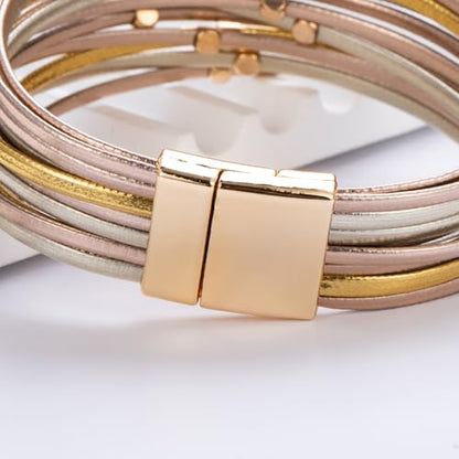 Stackable Beaded Leather Wrap Bracelet Boho Western Country Beach Jewelry | Layered Bead Stack Multi Strand Magnetic Clasp Cuff Bangle Bohemian Hippie Cowgirl Fashion Summer Vacation Outfits for Women - color: Mix Gold