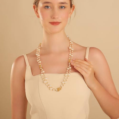 Simulated Pearl Strand Layered Necklace for Women, Multi Strand Long Necklace, Dainty Sweater Necklace for Party Costume Jewelry - style: Rose