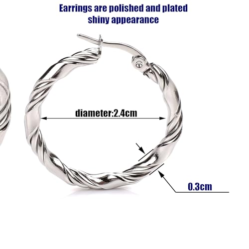 Cable Hoop Earring for Women Light-Weight Twisted Italian Design Round Hoop Earrings Diameter 25mm - color: 2-silver