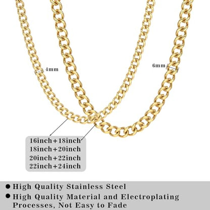 2PCS Cuban Link Chain Set for Men - Gold/Silver Plated Stainless Steel Layered Chain Necklace Non-Tarnish Jewelry Gift - color: Gold, size: 18inch+20inch