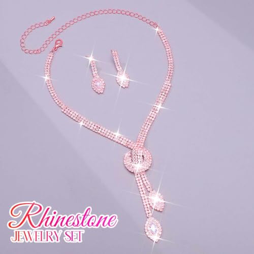 Unicra Silver Rhinestone Bridal Wedding Jewelry Set Crystal Necklace Earrings Sets Formal Prom Costume Jewelry Sets for Women and Brides - color: Rose Gold