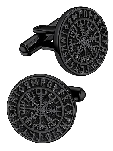 FaithHeart Mens Cufflinks, Norse Viking Tuxedo Shirt Cuff Links, Stainless Steel Cuff Links and Shirt Studs, Gift Box - style: 01. Compass-Black