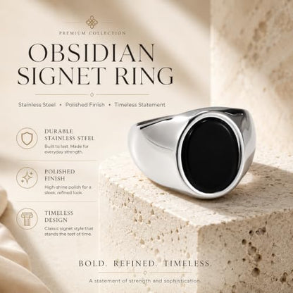 Stainless Steel Black Obsidian Ring for Men Women, Oval Black Stone Signet Ring, Gold Silver Black Tone Wide Band Ring, Polished Stainless Steel Statement Jewelry Gift - color: Silver