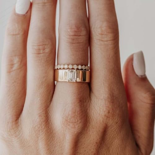 Emerald Cut Moissanite Ring Bridal Stacking Band 14K Rose Gold Cigar Band Birthday Gift Thick Wide Band Vintage Wedding Band For Women By SHREESHYAMJEWELLS