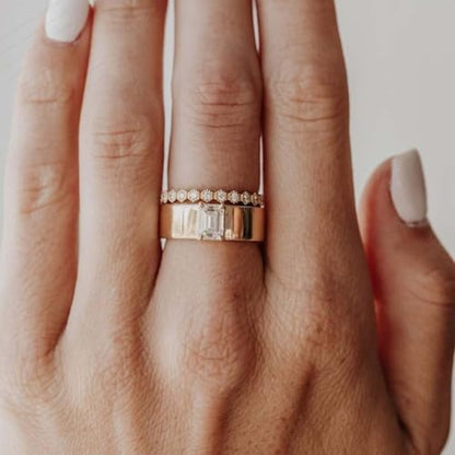 Emerald Cut Moissanite Ring Bridal Stacking Band 14K Rose Gold Cigar Band Birthday Gift Thick Wide Band Vintage Wedding Band For Women By SHREESHYAMJEWELLS