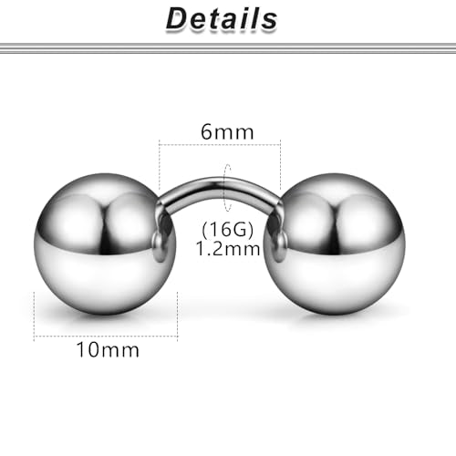 G23 Titanium 16G 14G 12G Big Piercing Balls PA Rings Piercing Jewelry Hypoallergenic Externally Threaded Curved Barbell VCH Piercing Jewelry Women Men 6mm 8mm 10mm Balls - style: 16G Titanium-6mm bars-10mm balls