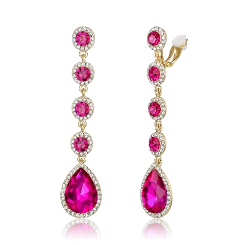 EleQueen Women's Wedding Crystal Teardrop Pear Shape 3 Inch Clip on Long Dangle Earrings for Bride Bridesmaid, Jewelry for Party Prom/Anniversary - color: Hot Pink Gold-Tone
